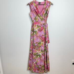 Taylor Floral Wrap Maxi Dress Size 2 Pink Green Sleeveless Lined Metallic Thread